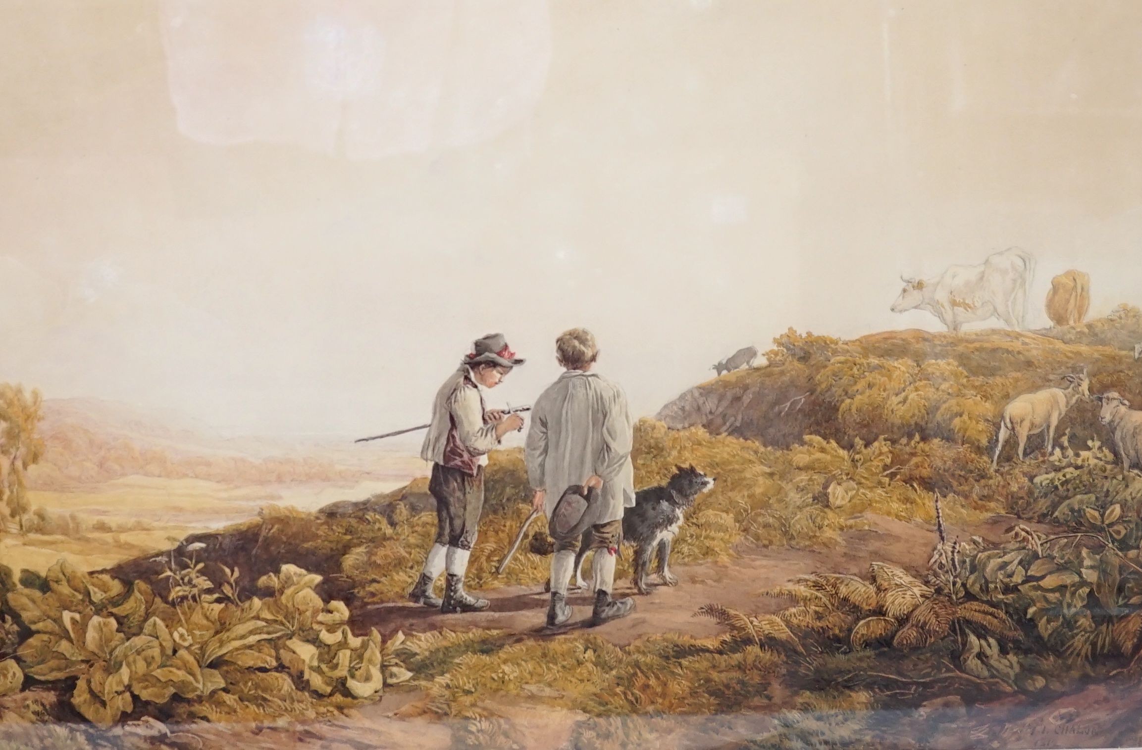 John James Chalon (1778-1854), Shepherd boy and cowherd in a landscape, watercolour, signed and dated 1812, 47 x 63cm
